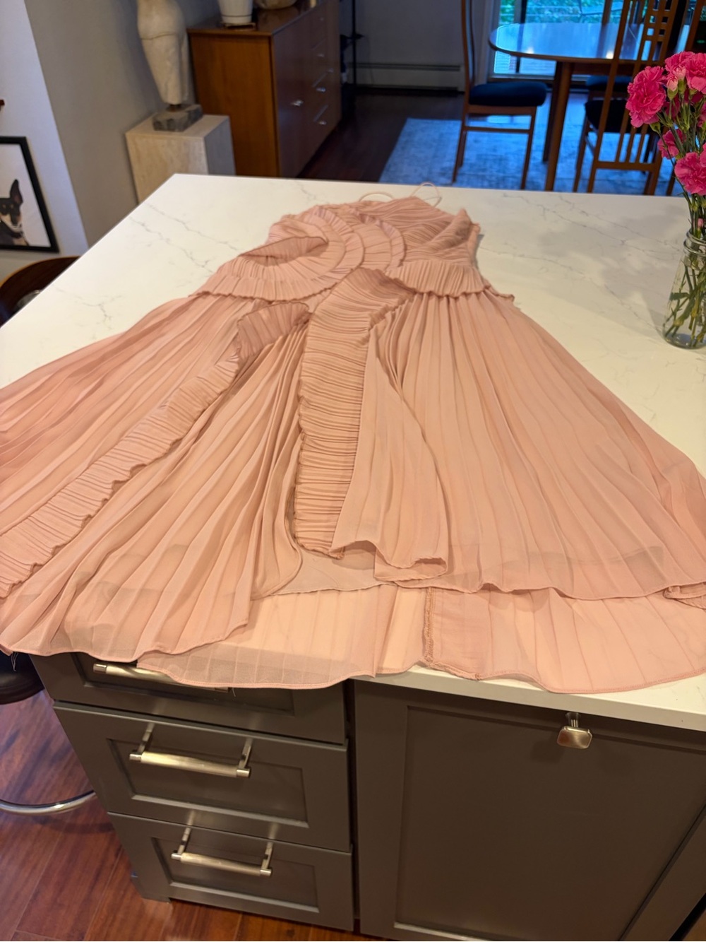 Blush Pink Pleated Ruffle Midi Dress